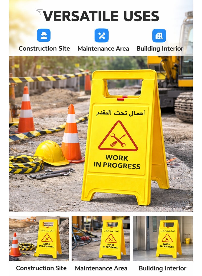 Remart Heavy Duty Foldable Work In Progress Sign | Double Sided Arabic & English | Portable Safety Floor Stand Warning Board (Yellow) - Image 4